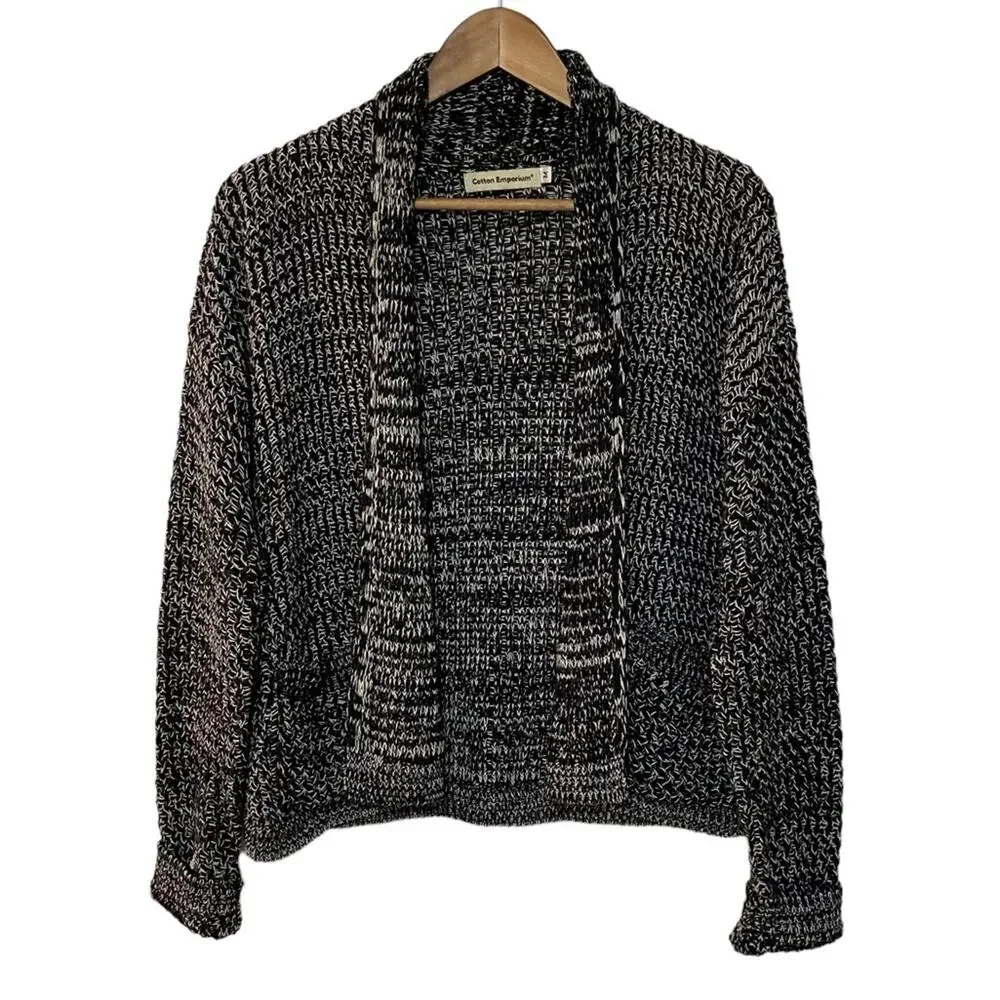 COTTON EMPORIUM Open Front Cardigan Sweater Black White Size Medium Cross Stitch
